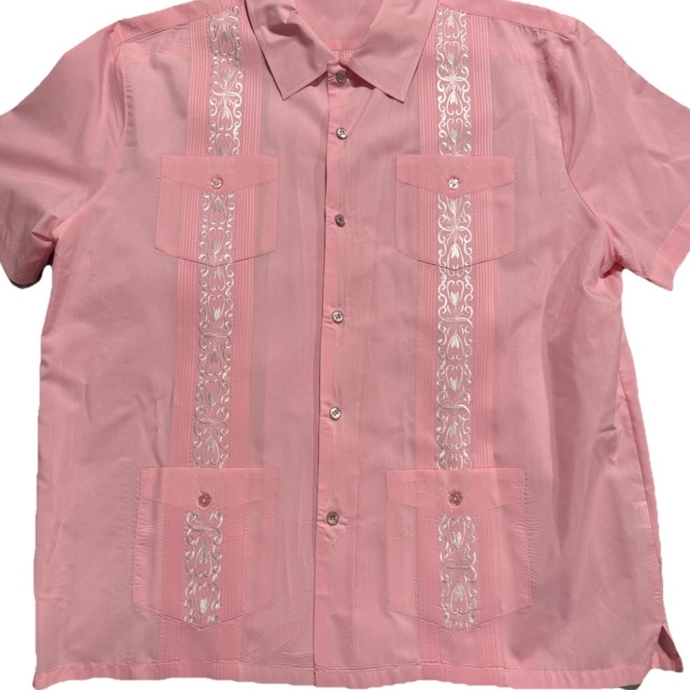 Pink Collared Short Sleeve Shirt.‎ Guayabera with White Embroidery. Snap Buttons - Picture 14 of 15